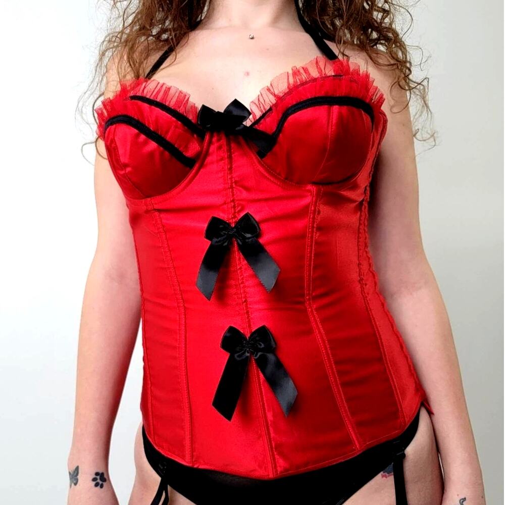 Vintage 90s Fredericks of Hollywood Black & Red Slimming Corset Bustier Lingerie - Picture 2 of 6